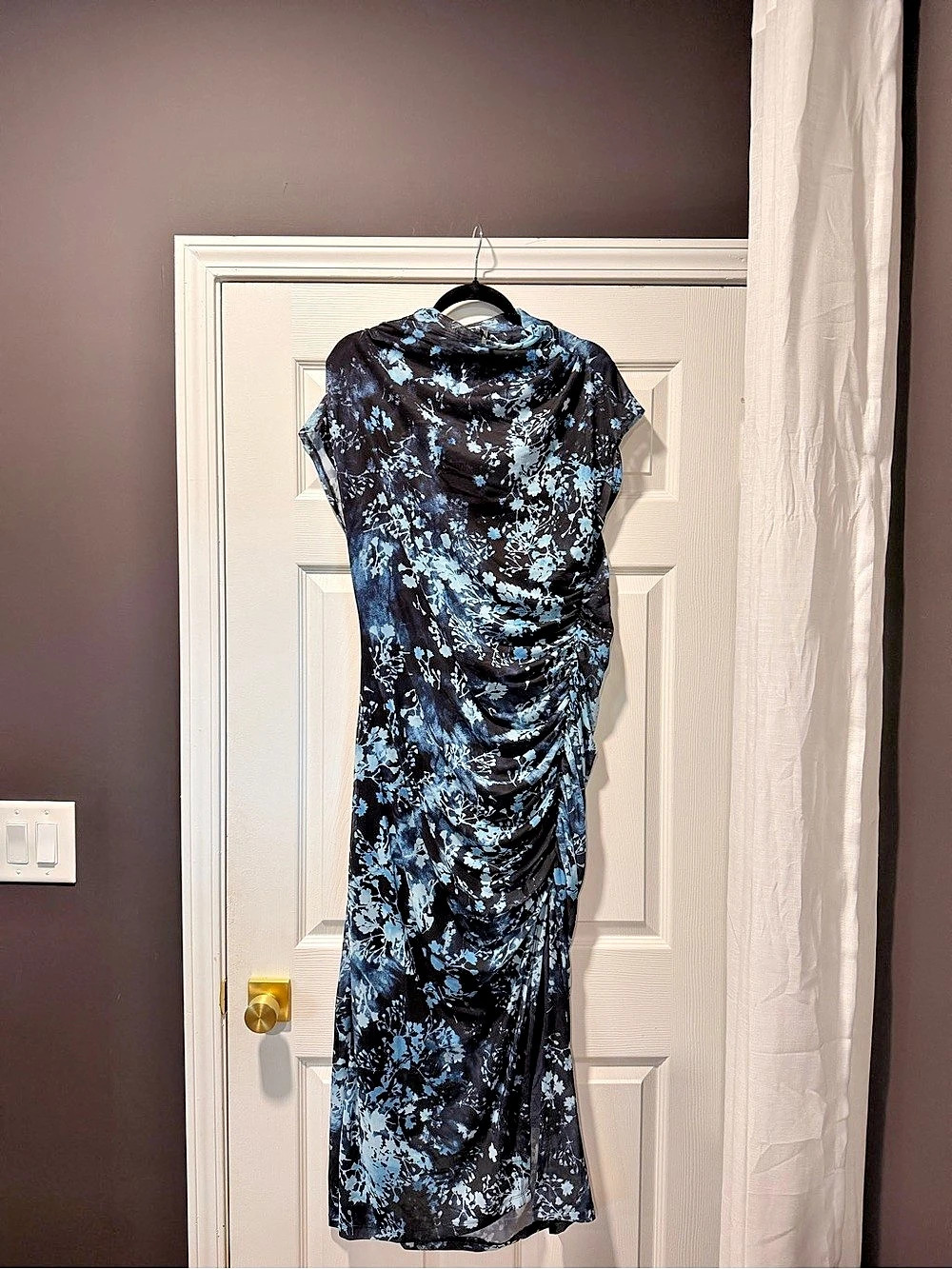 Anthropologie Cowl Neck Midi Dress Floral Black & Blue mesh
